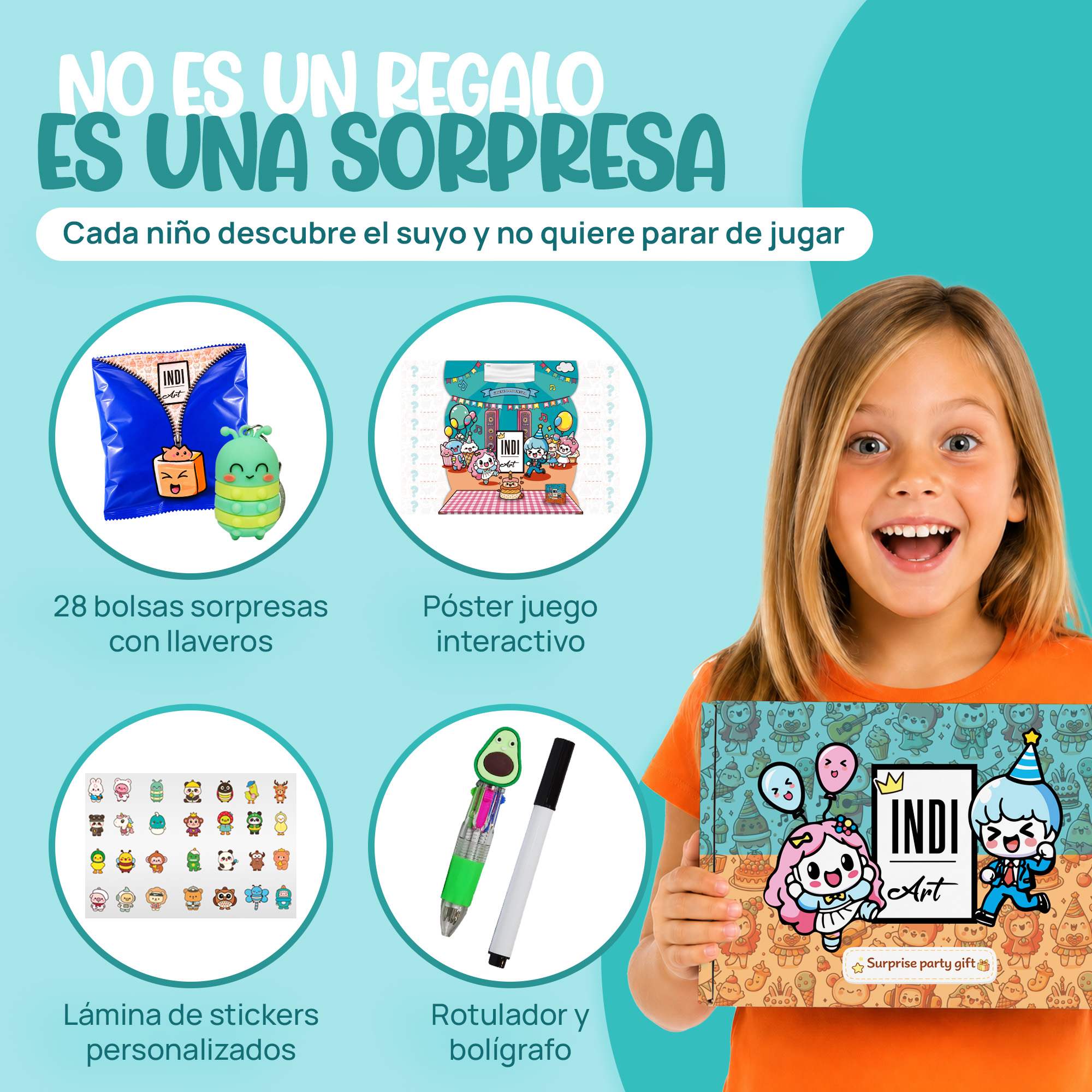 Niña sosteniendo la caja del pack IndiArt con todos los regalos de cumpleaños para niños en el colegio