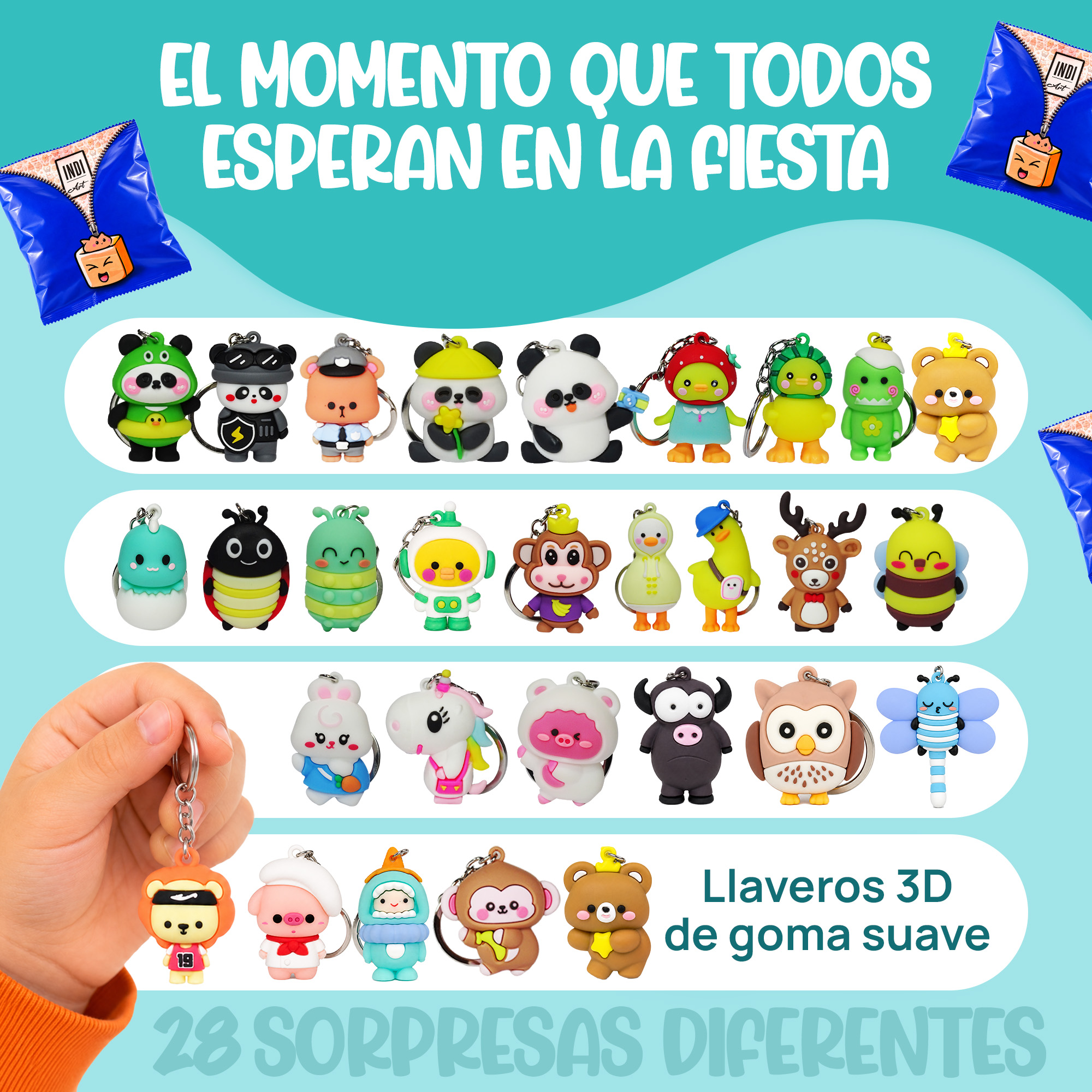 Colección de 28 llaveros kawaii 3D diferentes incluidos en el pack de regalos de cumpleaños para niños en el colegio