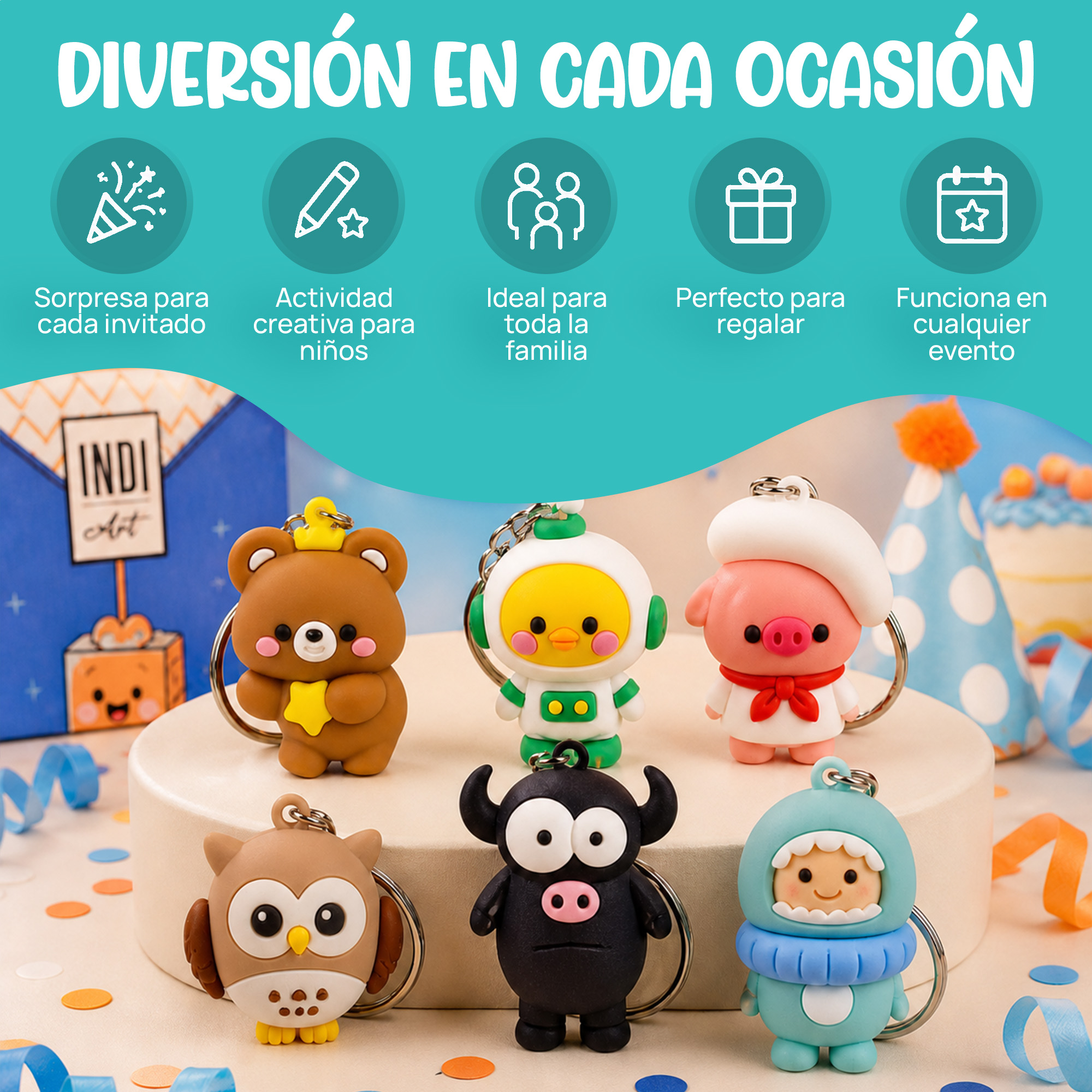 Primer plano de las figuras y sobres sorpresa individuales del pack de regalos de cumpleaños para niños en el colegio