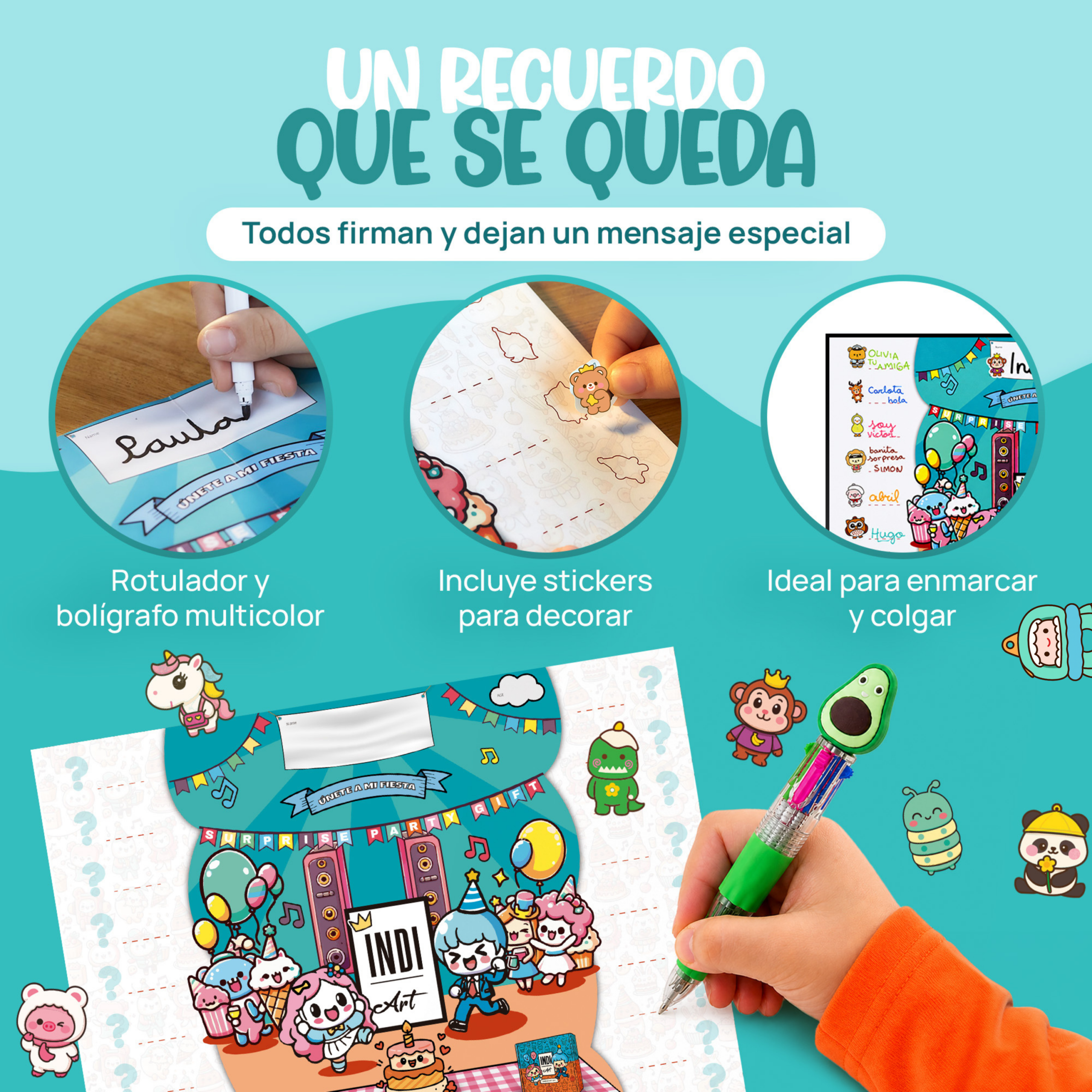 Póster firmable, stickers y rotulador incluidos en el kit de regalos de cumpleaños para niños en el colegio