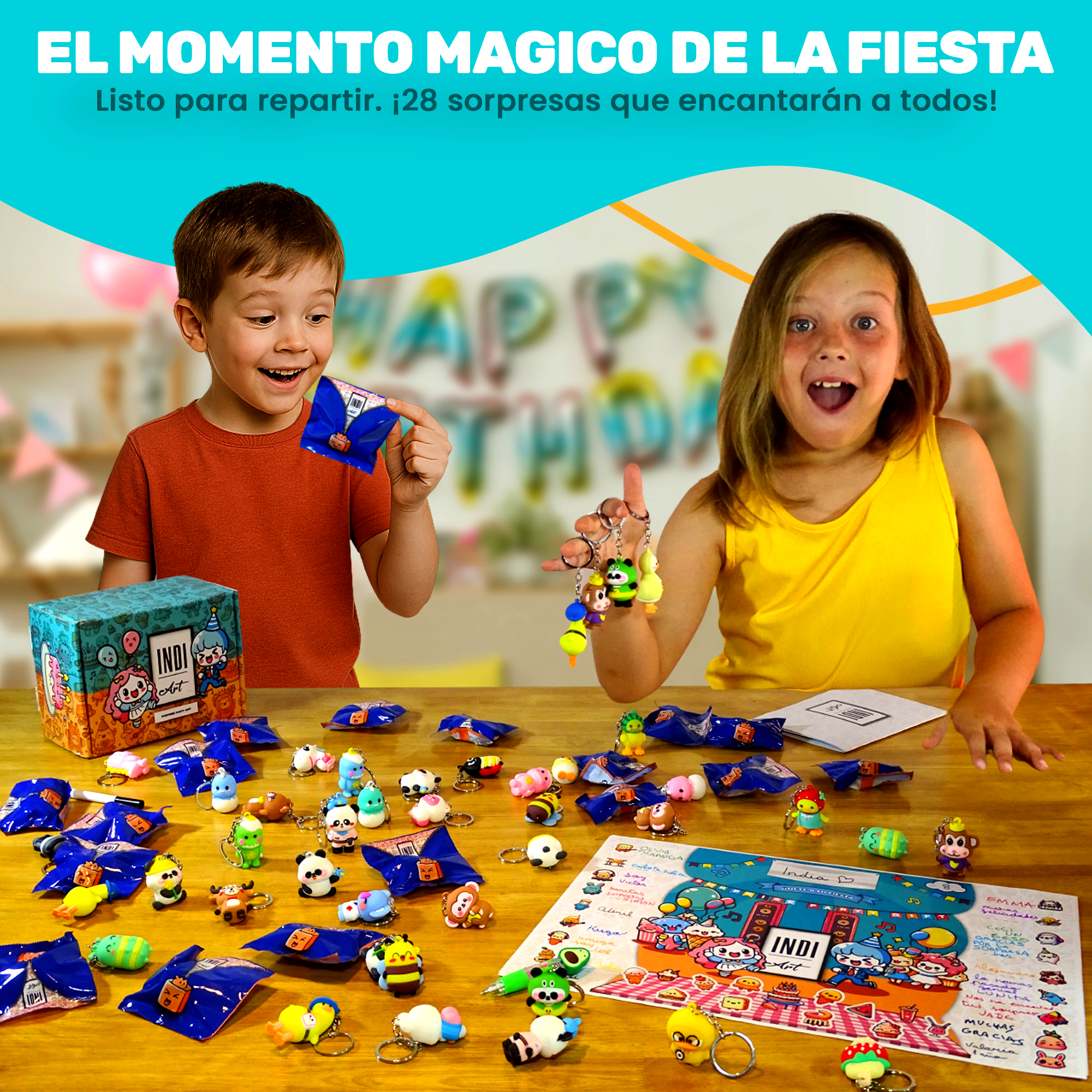 Niños jugando en una fiesta con el pack sorpresa de regalos de cumpleaños para niños en el colegio