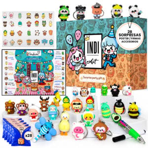 PACK SORPRESA 28 LLAVEROS Kawaii IndiArt - Kit de Cumpleaños con Póster de Firmas, stickers, rotulador y bolígrafo multicolor